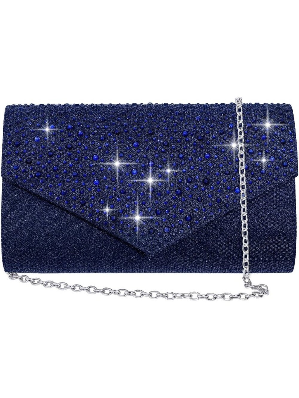 Women's Navy Blue Glitter Rhinestone Clutch Purse Evening Wedding Bag